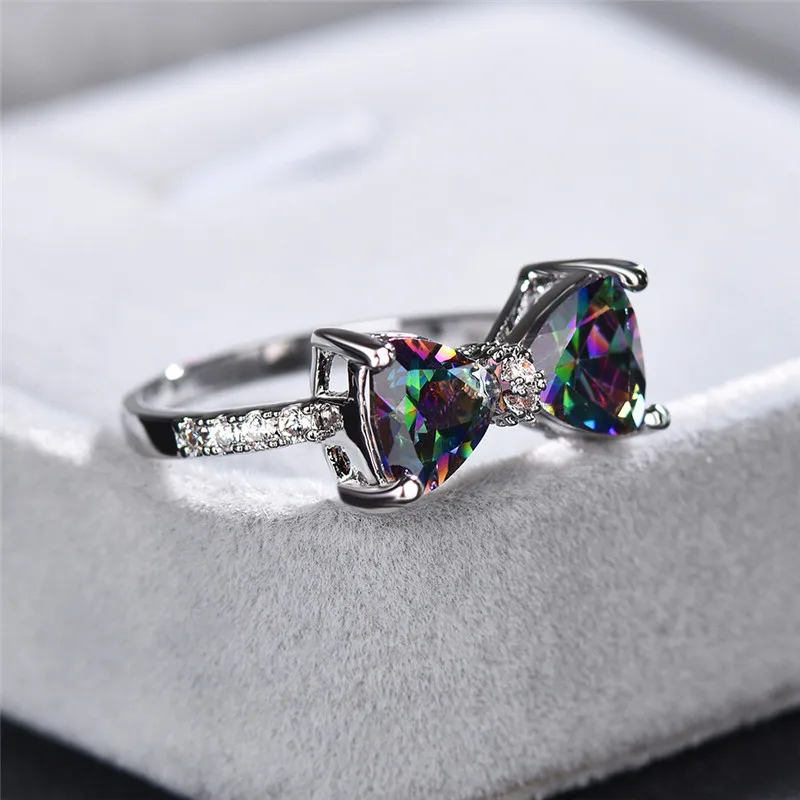 

Luxury Dainty Cute Rainbow Bowknot Ring With Crystal Stone Colorful Zircon Engagement Ring Boho Female Wedding Rings