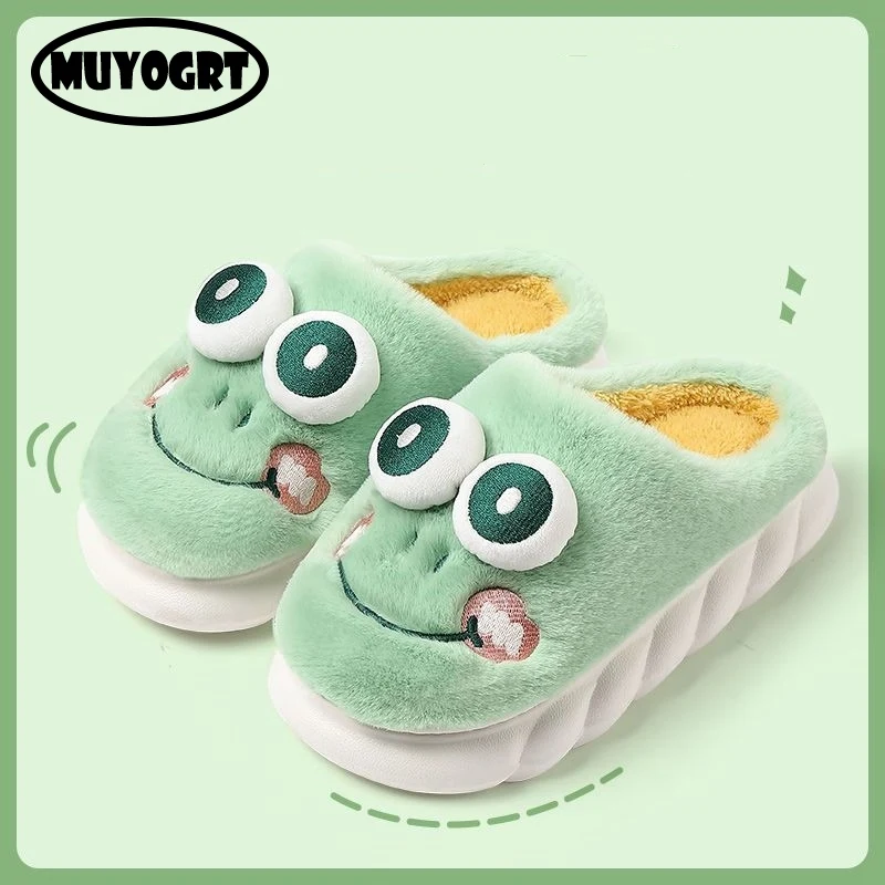 Cute Plush Slippers 3d Frog Shaped Slippers For Girls Shoes Women Winter Warm Closed Fluffy Fur Home Slippers Gift Furry Slides