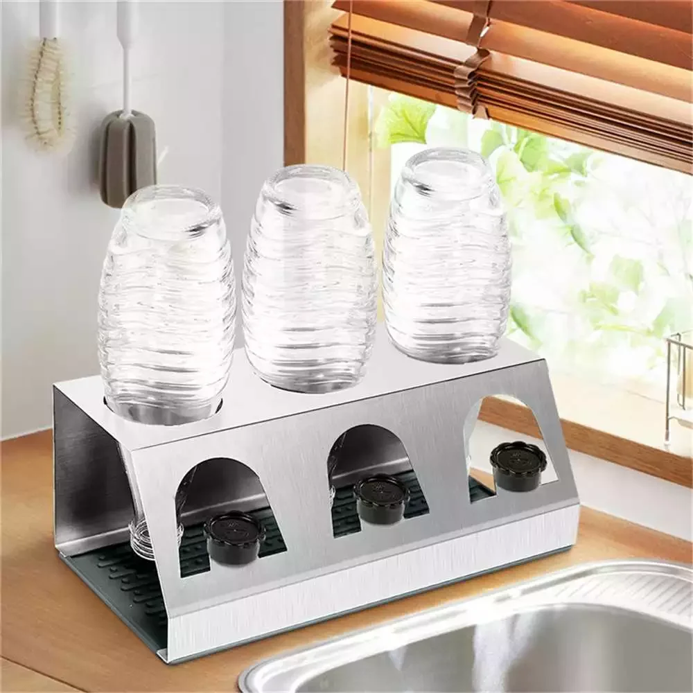 

Kitchen Dining Room Dual Holes Draining Rack Soda Bottles Dish Sodastreams Drainer Holder with Pad for Household Bottles Storage