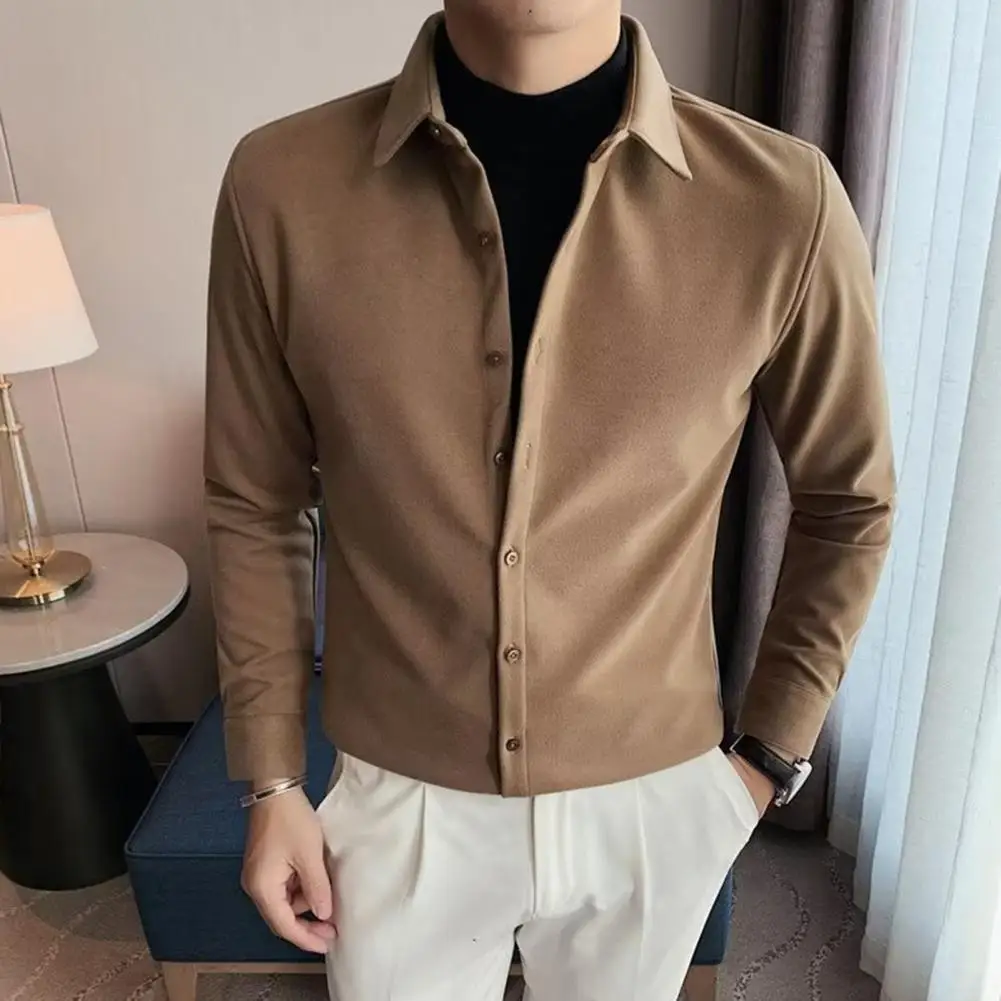 

Fall Men Shirt Men's Slim Fit Lapel Shirt with Single-breasted Solid Color Buttons Soft Breathable Mid Length Top for Fall