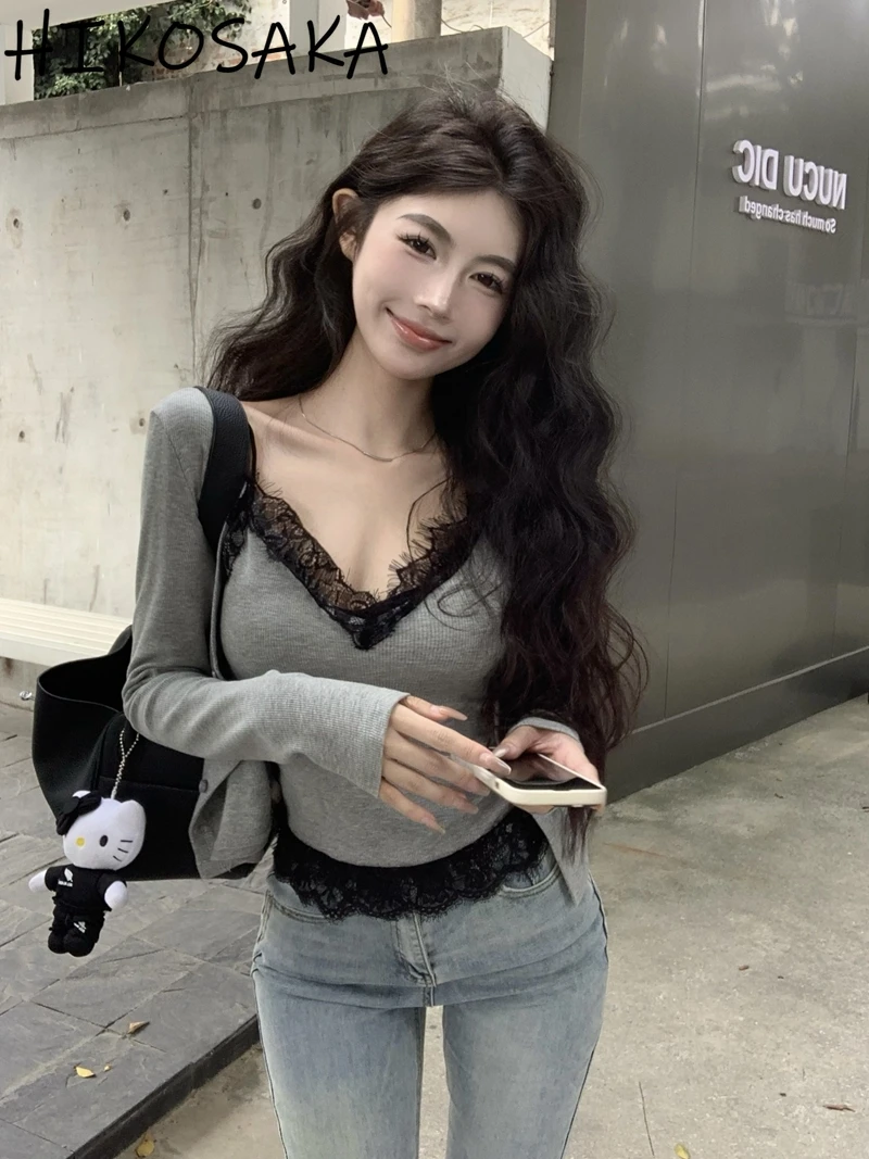 Женский кружевной кардиган с V-образным вырезом длинным рукавом