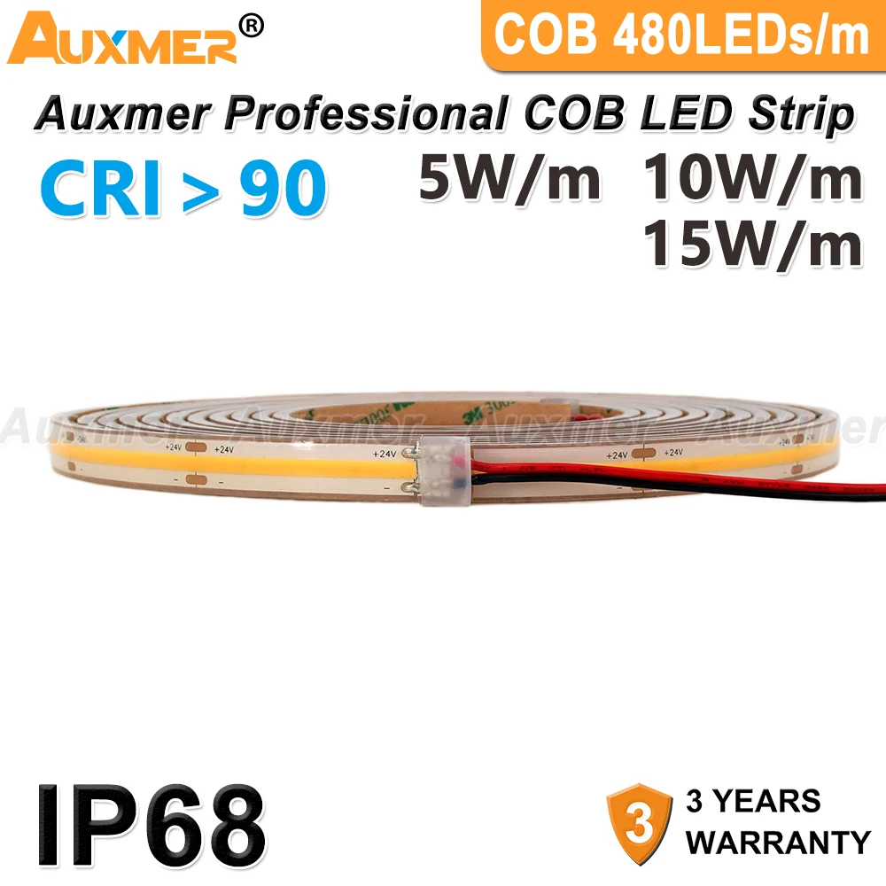 Фото Профессиональные светодиодные ленты COB 480 светодиодов/м DC12/24В CRI90, IP68 водонепроницаемый, Светодиодная лента высокой плотности с регулируемо... №2