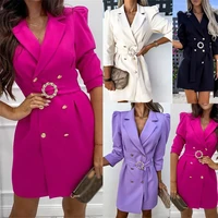 new autumn women long sleeves dress office solid color button dress sexy puff sleeve suit clothes ol women spring dress