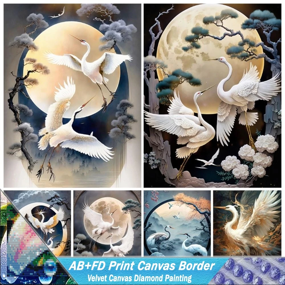 Белый журавль в стиле полной луны размер изображения AB + FD печать на холсте