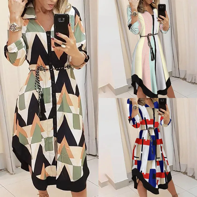 

2022 Autumn Elegant Shirt Dress Women Button Long Sleeve Tunic Midi Dress Ladies Office V Neck Print Party Dresses For Women