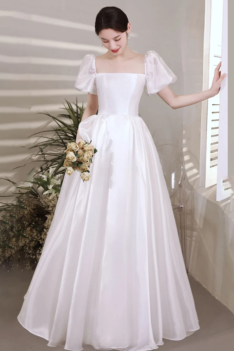 

Elegant Square Collar Beach Robe De Mariée Ruched Soft Satin Backless A-Line Pleated Corset Wedding Dress Gown Bridal Dress