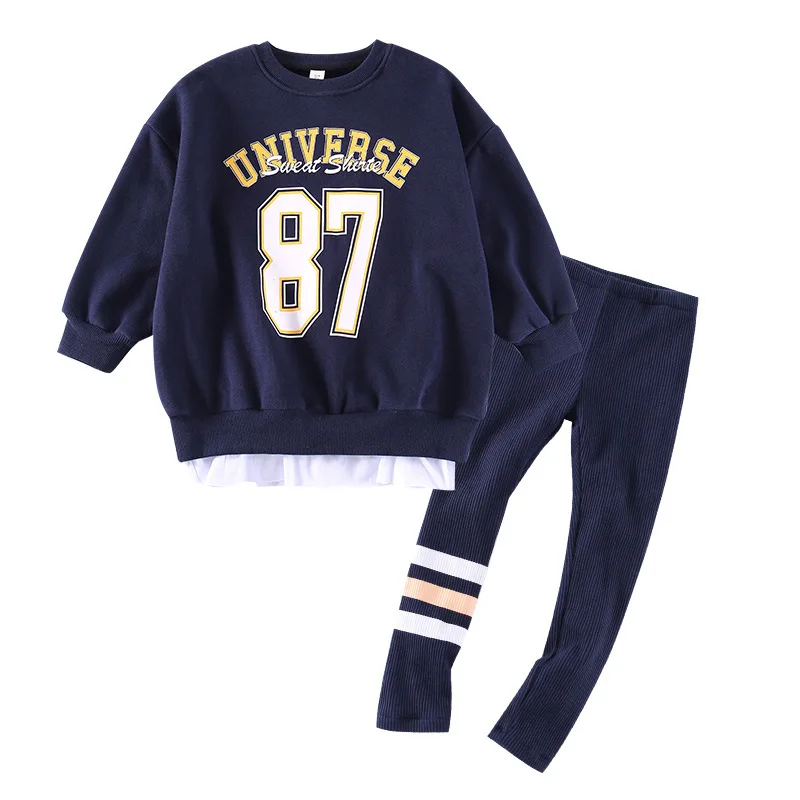 Girls Sweatshirt Sets Spring O-neck Pullover Leggings Two-piece Suit Blue Letter Teens Kids Clothes Tracksuit for Children 12 Y