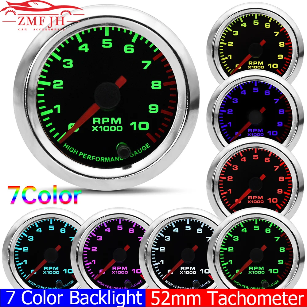 

7 Color LED Auto Tachometer Tacho Gauge 0~10000 RPM Meter 2" 52mm Pointer RPM Meter for 4 6 8 Cycliner Gasoline Racing Car 12V