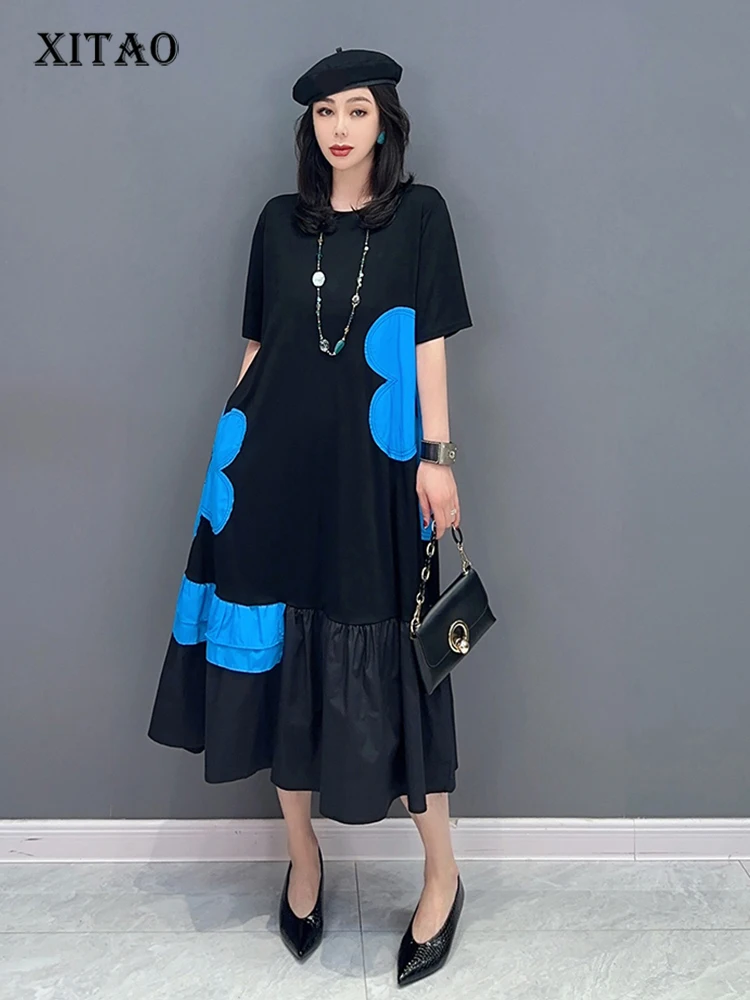 

XITAO лоскутное Повседневное платье для женщин, модное свободное платье с круглым вырезом и короткими рукавами, Корея, лето 2023, Новое поступление, WLD16443