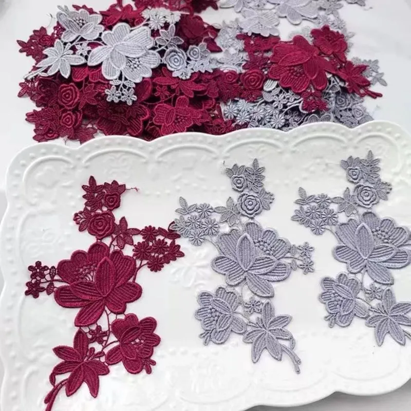 

4 шт./лот 14*16 см, красно-серый блестящий градиентный швейный мотив, венецианская Кружевная аппликация для одежды, кружевные нашивки с вышивко...