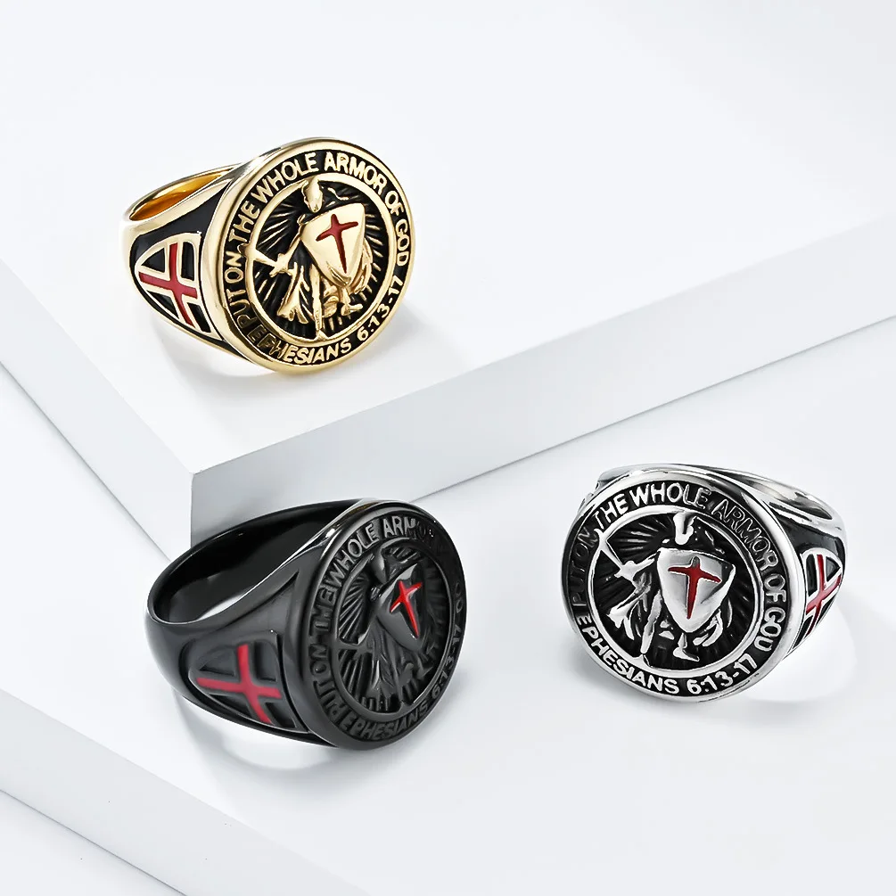 Luxury Quality Jewelry Stainless Steel Knights Templar Shield Cross Pope Signet Ring Gift For Men Wholesale