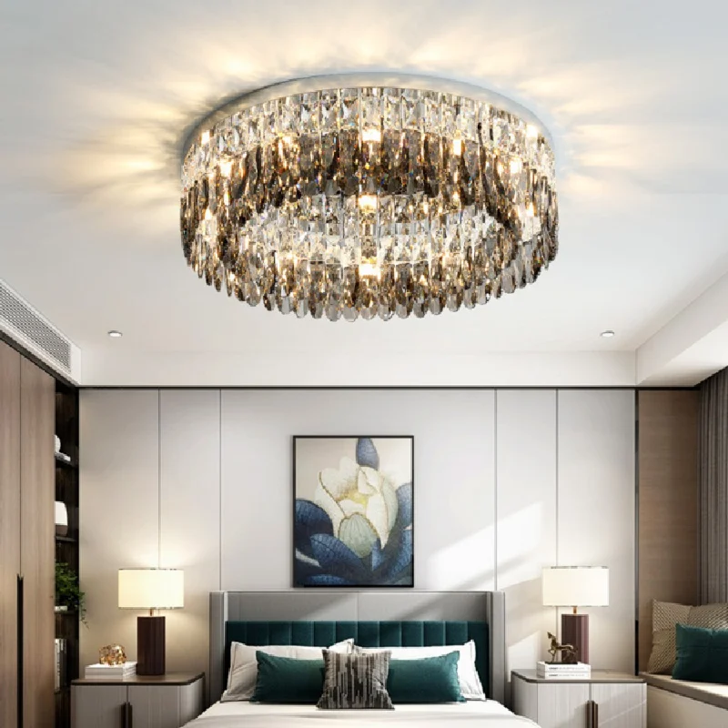 

Modern unique crystal ceiling lamp K9 gray household luxury chrome steel installation lamp artistic decoration Led interior lamp