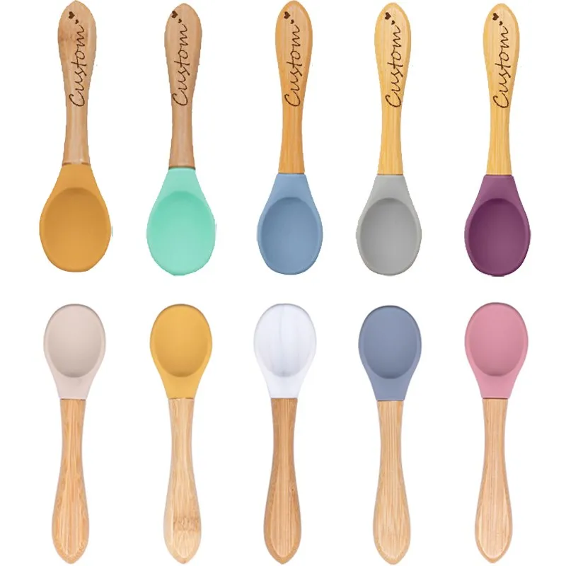 

1PCS Baby Wooden Spoon Silicone Wooden Baby Feeding Spoon For Baby Utensils BPA Free Food Grade Material Handle Toddlers Gifts