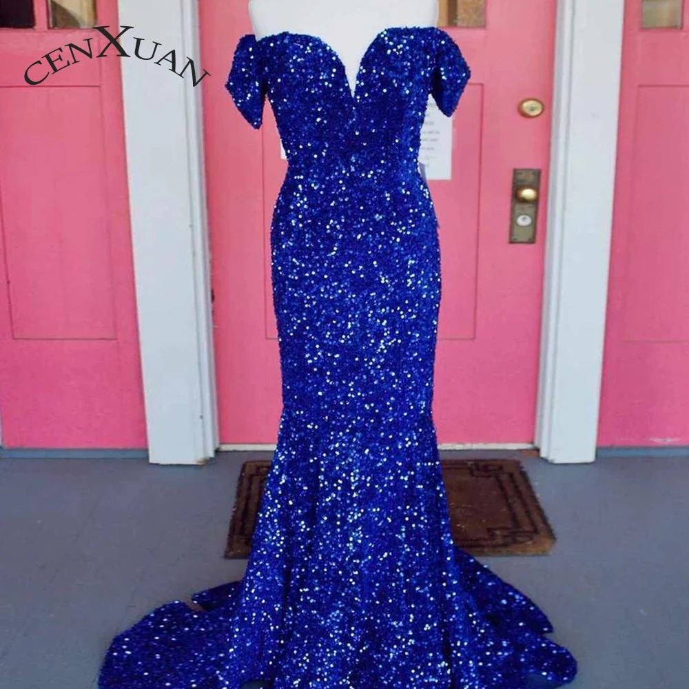 

CENXUAN Fashionable Mermaid Formal Occasion Dresses Sweetheart Off the Shoulder Sequined Sweep Train Abendkleid Custom Made