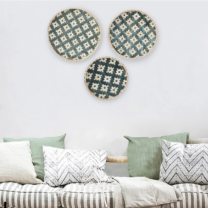 

3pcs Handmade Hanging Wall Basket Round Bamboo Woven Hanging Decorative Trays Plate for Living Room Bedroom Kitchen