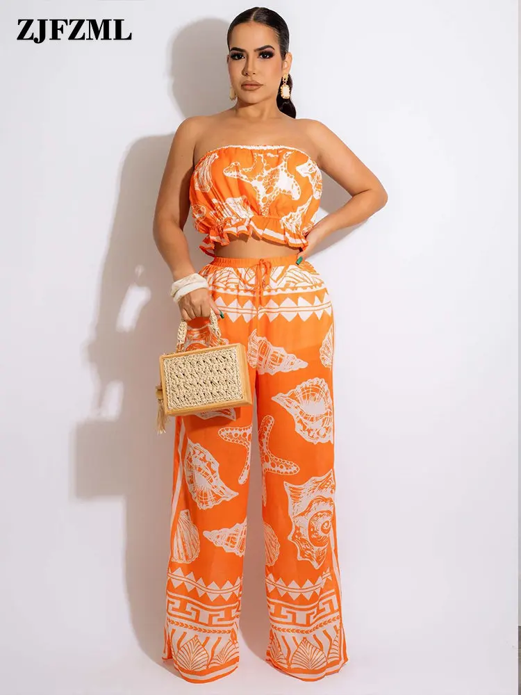 

Женский пляжный костюм из двух предметов, укороченный топ с открытыми плечами и открытой спиной и брюки с широкими штанинами и принтом в сти...