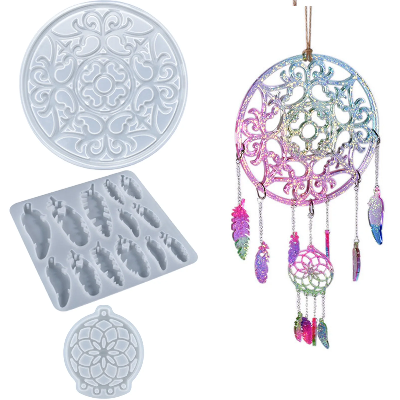

3 Piece Dream Catcher Resin Molds Large Feather Pendant Dream Catcher Silicone Molds For Epoxy Casting Mold Epoxy Resin Craft