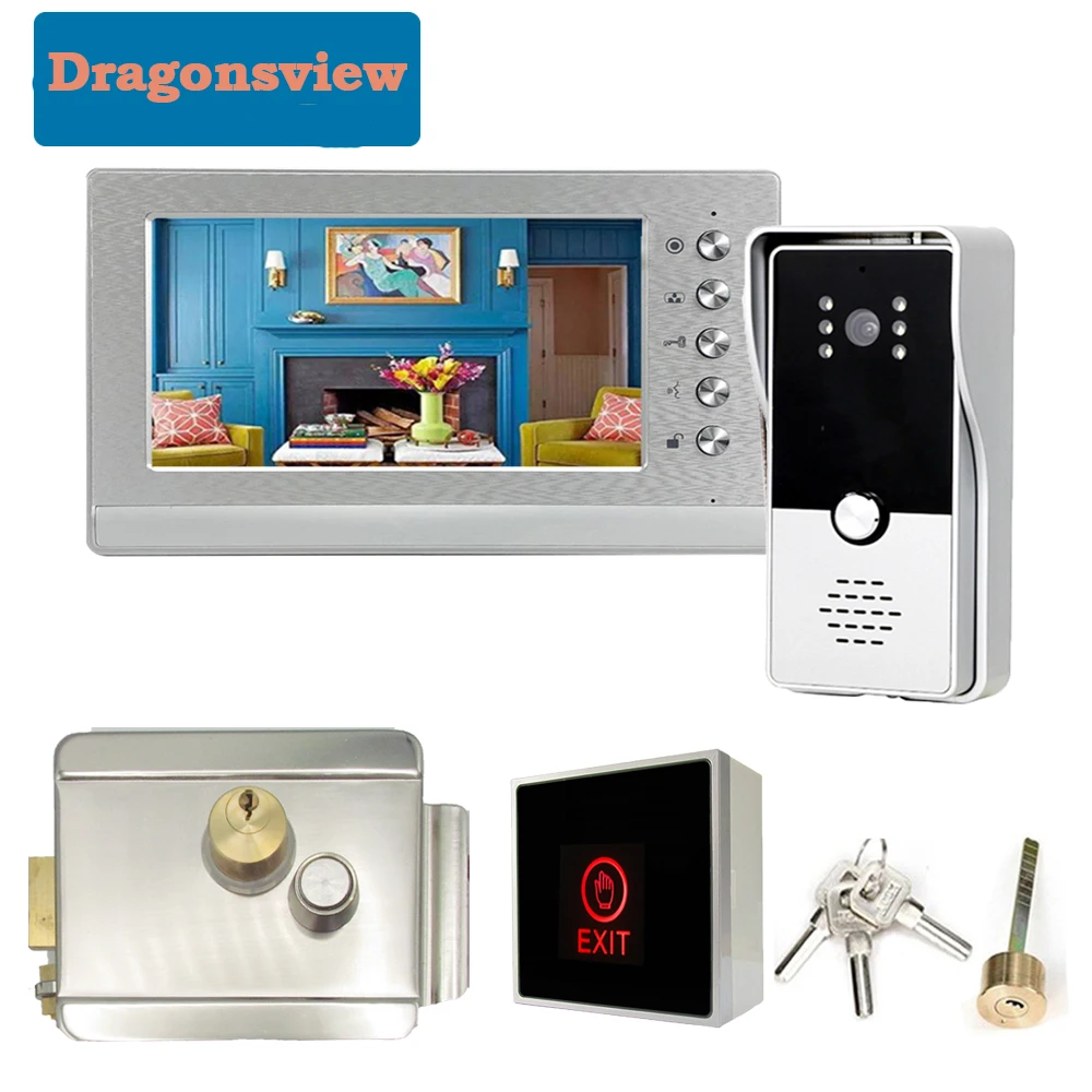 

Видеодомофон Dragonsview, 7 дюймов, с замком, дверной видеодомофон, дверной звонок, камера, кнопка разблокировки выхода, дневное и ночное видение, ...