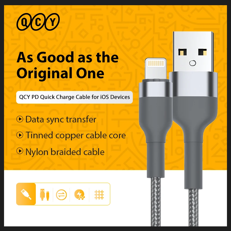 

QCY PD Quick Charge Cable USB A to Lightning Data Cable 1.2m Fast Charging Charger Wire Cord Widely Compatible with iOS Device