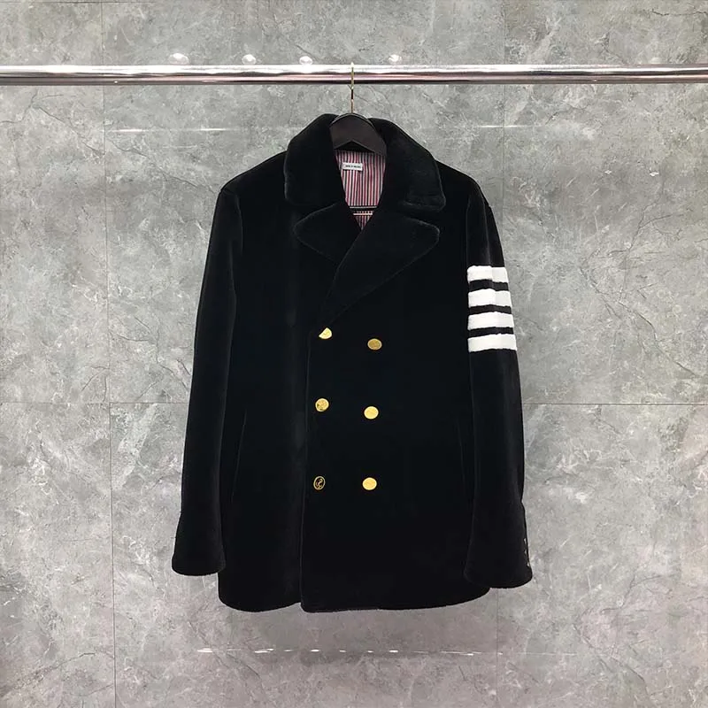 

TB THOM Winter Coats Genuine Mink Cashmere Men's Jacket Fashion Brand Black Dyed Shearing 4-Bar Double Breasted Button Overcoat