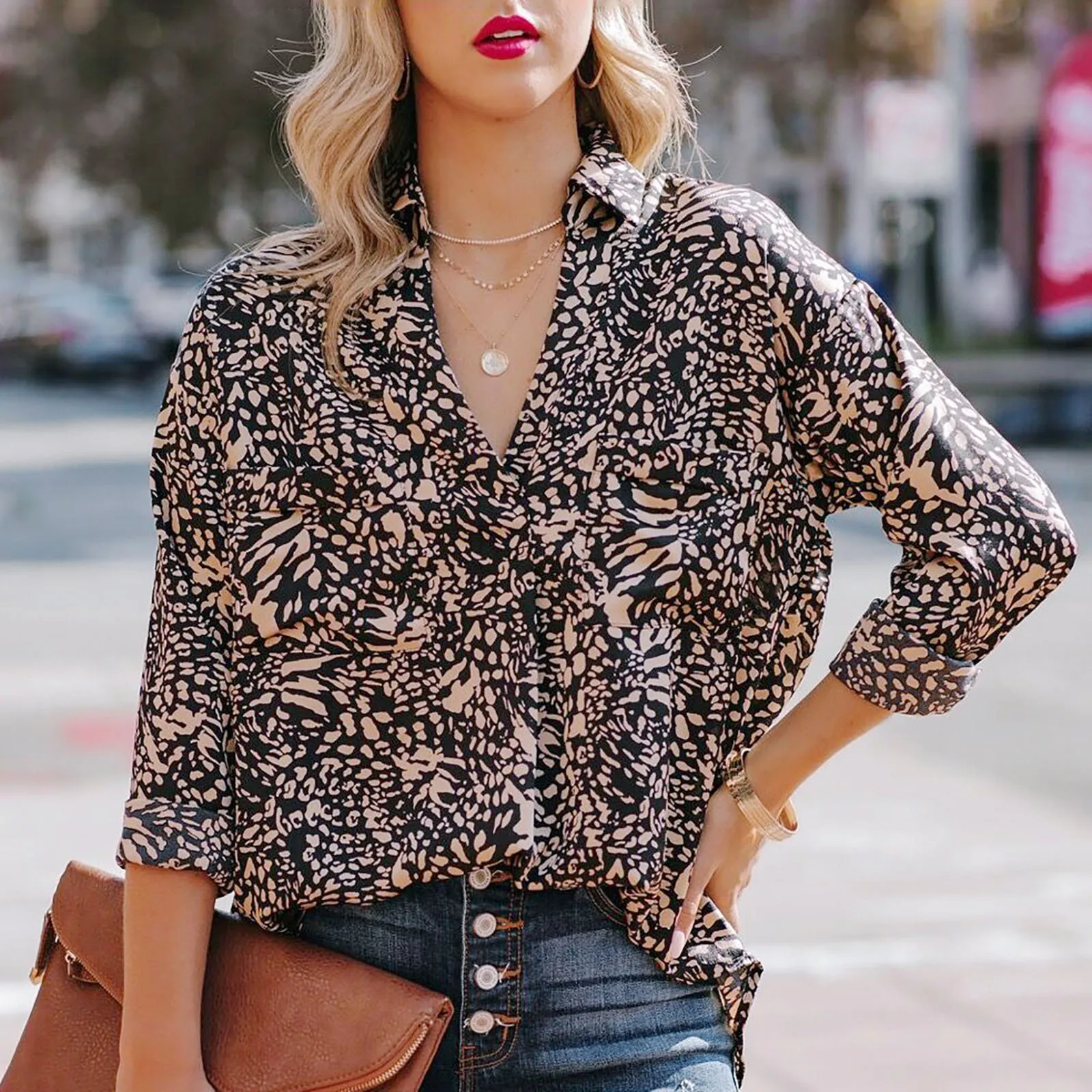 

Женская рубашка с принтом леопарда, Повседневная офисная блузка на пуговицах, с воротником-стойкой и длинными рукавами, 2022