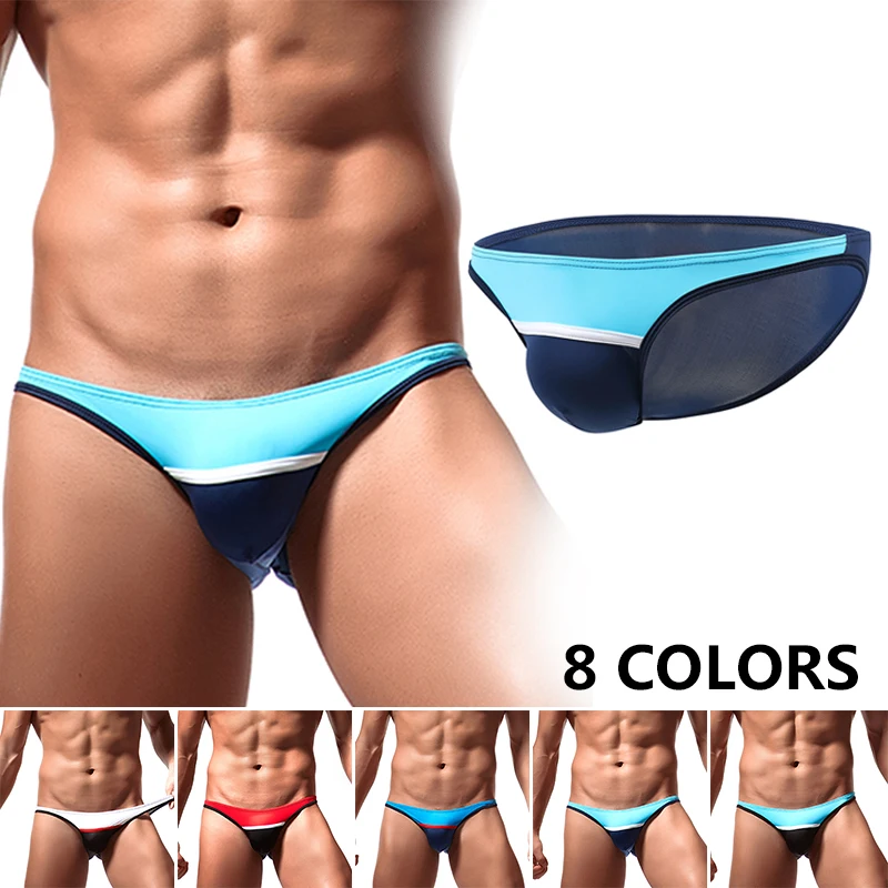 

Men's Sexy Low Waist U Convex Ultra-thin Ice Silk Contrast Color Bikini Thong Men Intimate Seamless Underpants M~XL 8 Colors