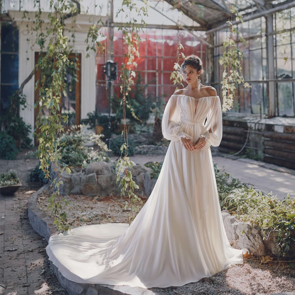 

Chiffon Wedding Dresses 2022 Long Puff Sleeves Boat Neck Bridal Gowns Simple A-Line Pleat Floor-Length Graceful Vestido De Noiva