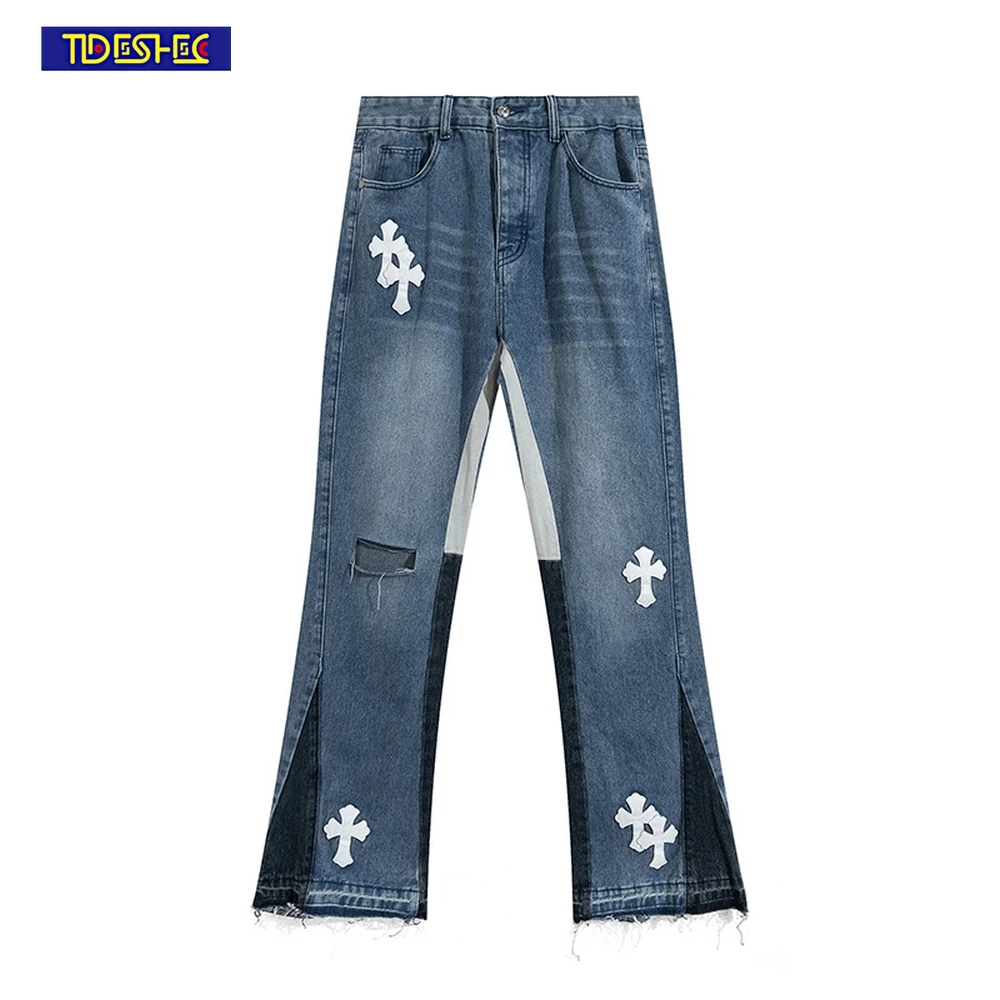

2022 Men's Fashion Ripped Flared Trousers Patchwork Embroidered Cross High Street Jeans Vintage Jeans Men