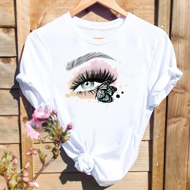 

Women Print T-shirts Watercolor Eye Lashes Eyelashes Trend Graphic T Top Fashion Short Sleeve Summer Shirt Female Tee T-Shirt