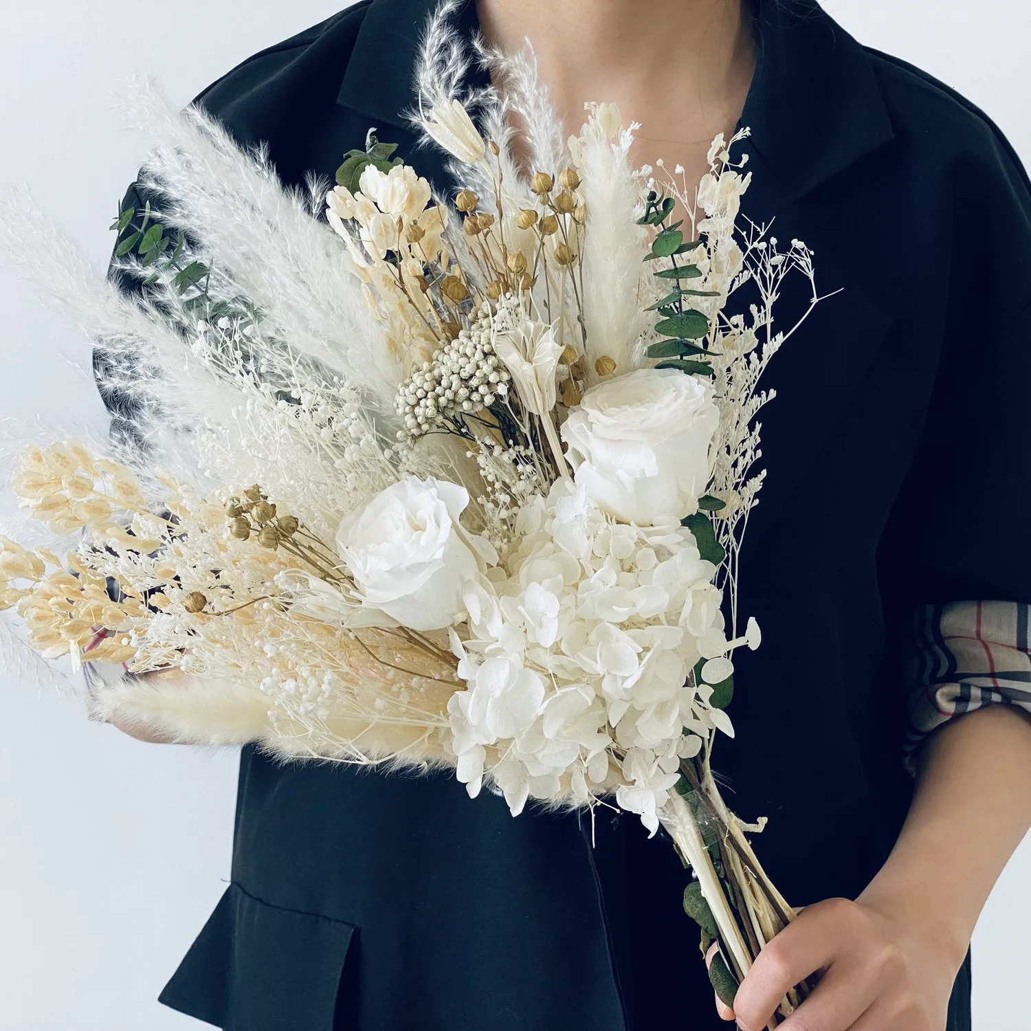

Preserved Rose Wedding Bouquet Boho Bride Bridesmaid Holding Flower Dried Pampas Grass Mariage Bouquet Wedding Accessories Decor