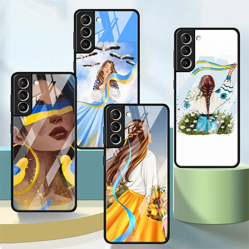 

Ukraine Flag Girl Art Glass Case For Samsung Galaxy S22Plus Note 20 10 S20 S23 Ultra FE S21 S10 Luxury Cover Tempered Funda