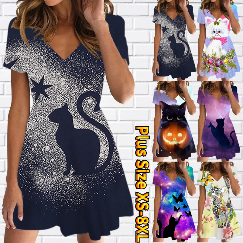 

Women's Sexy Slim Dress Daily Retro Slim Skirt V-Neck Knee-length Skirt Summer Fashion New Design Printing Short Sleeve Skirt