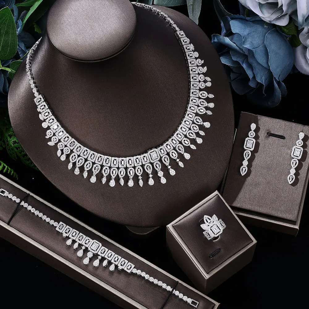 

Luxury New 4PCS Big Necklace Cubic Zirconia Bridal Jewelry Set for Woman Wedding Engagement Party Accessories Saudi Arabic Dubai