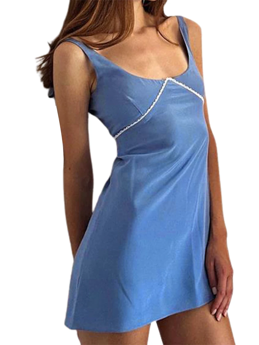 

Women s Elegant Lace Stitching Spaghetti Strap Backless Bow Knot Mini Dress Chic Solid Color Low Cut Summer Suspender Dress