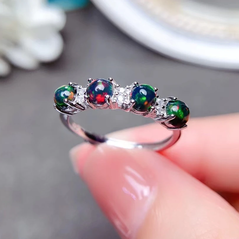 

4 Pieces 4mm Black Opal Silver Ring Classic 925 Silver Opal Jewelry 100% Natural Opal Ring for Daily Wear