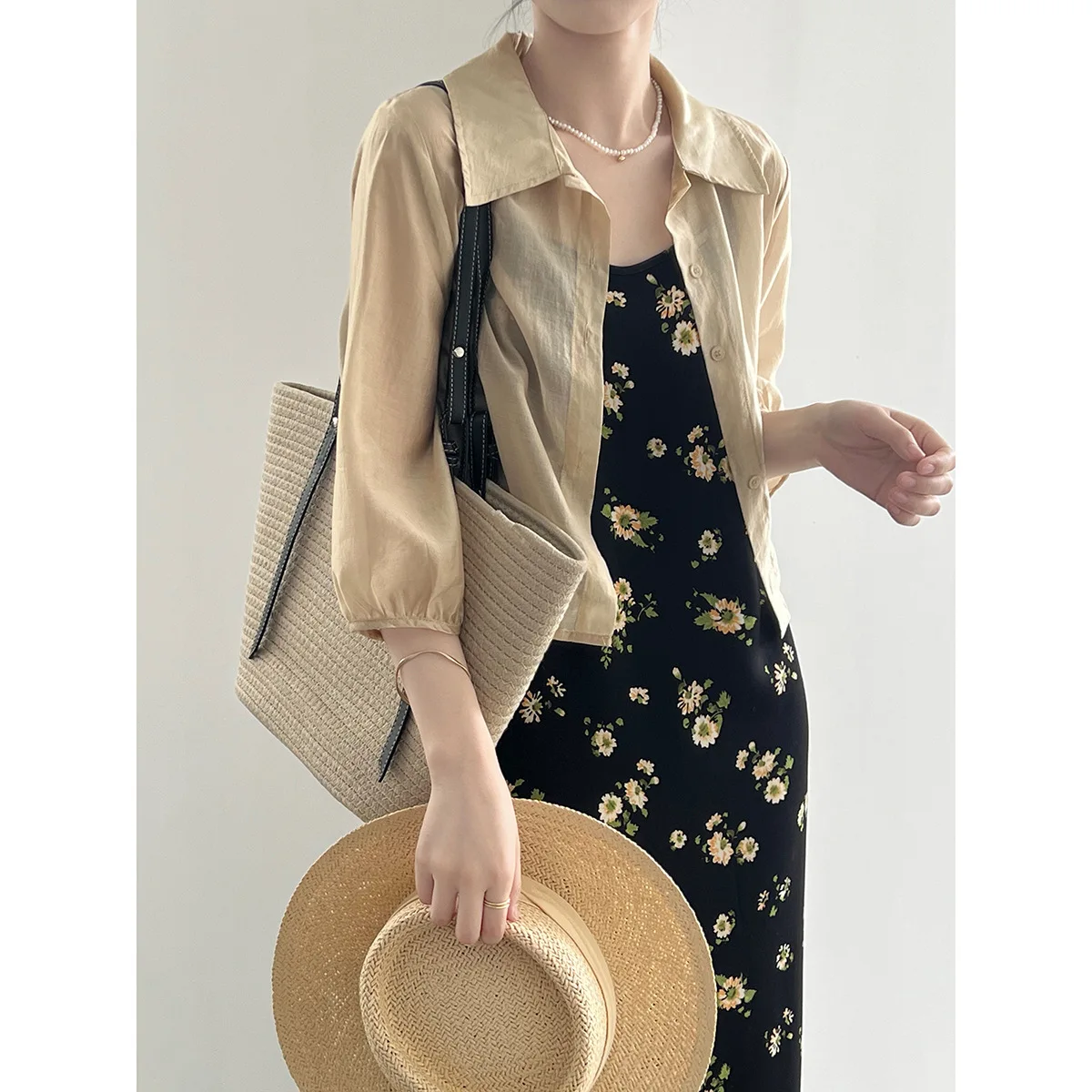 

Solid Color See Through Thin Three Quarter Sleeve Sleeve Shirt Women's 2023 Summer New Korean Style Loose Short Crop Top