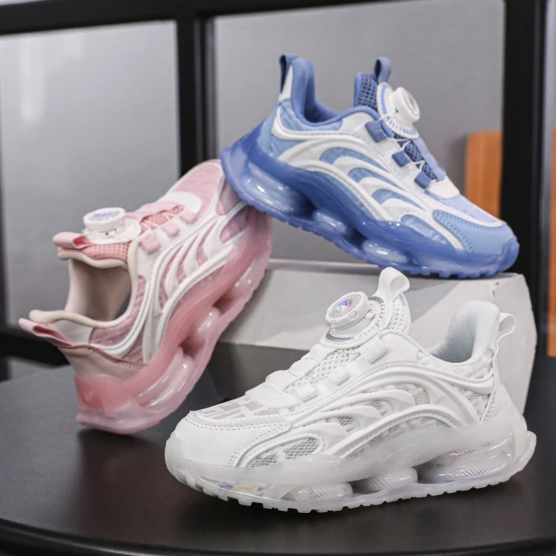 

Children Running Shoes Night Glow Air Mesh Kids Casual Sneakers Teenage Boys Girls Rotating Button Shock Absorbing Shoes
