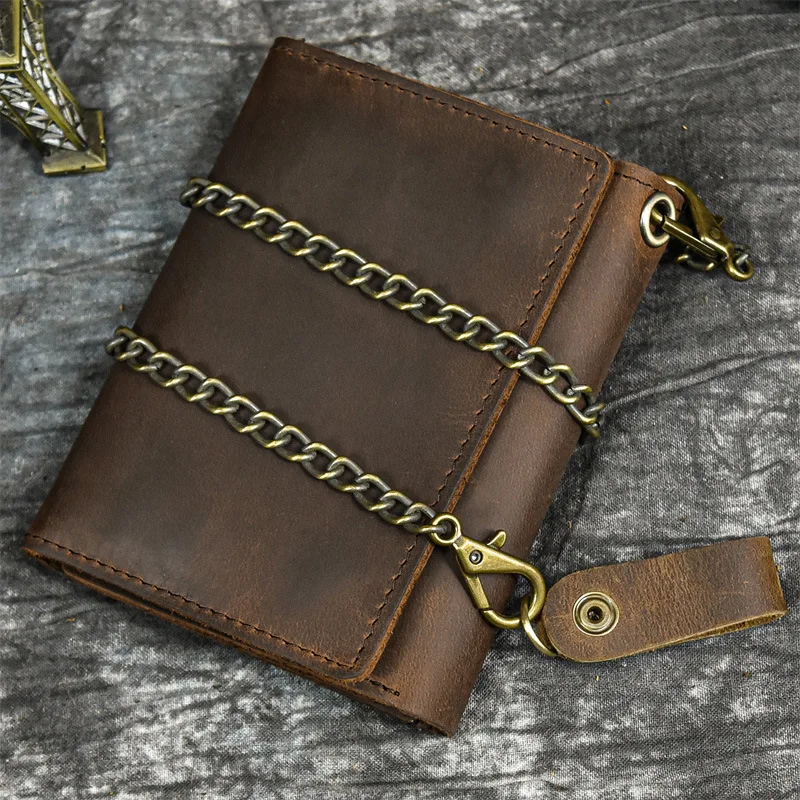 Vintage Genuine Leather Wallet For Men Fashion Chain Tri-Fold Coin Purse Man Card Holders Short Money Wallet