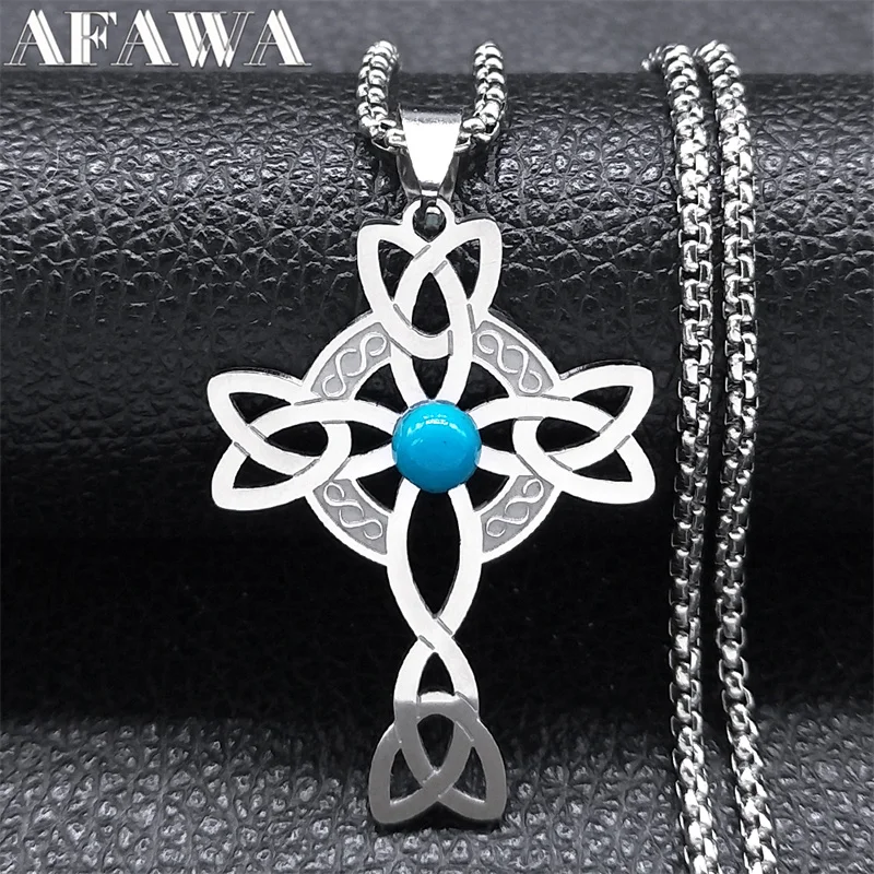 

Wicca Celtic Knot Cross Necklace for Women Men Silver Color Stainless Steel Stone Witch Knot Necklaces Jewelry collares N8061S02