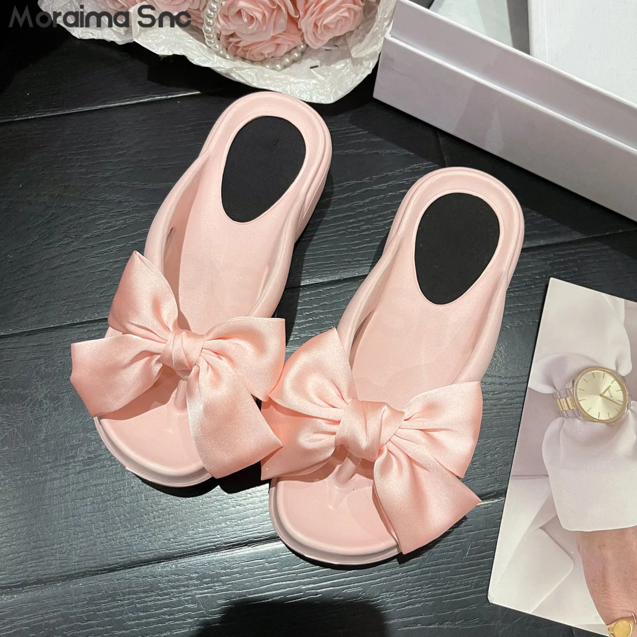 

Pink Bow Thick-Soled Flip Flops Summer New Soft and Comfortable Women's Shoes Beach Vacation Seaside Fashion Slippers