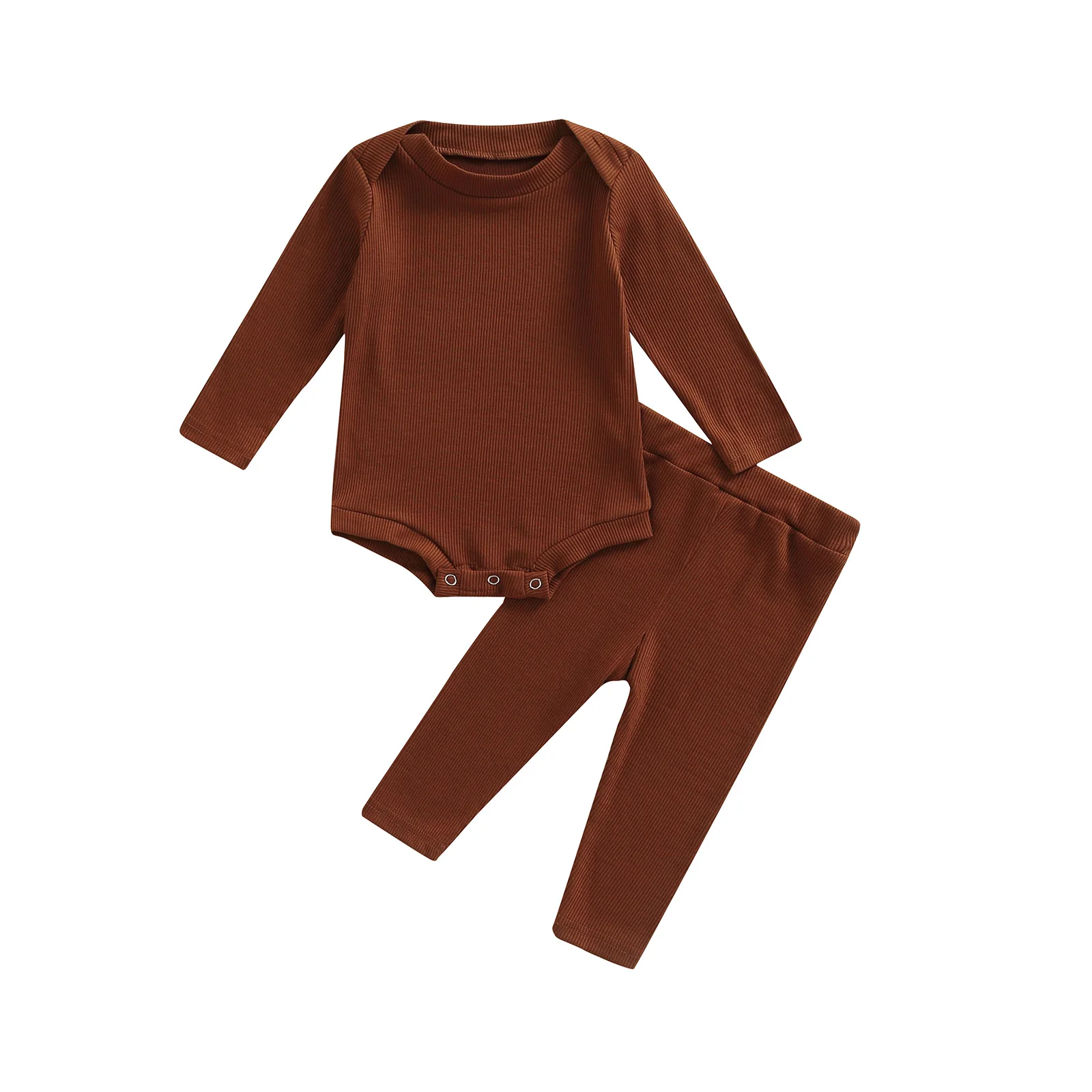 

2 Pcs Newborn Ribbed Pants Set, Toddler Solid Color Long Sleeve Round Neck Bodysuit + Trousers
