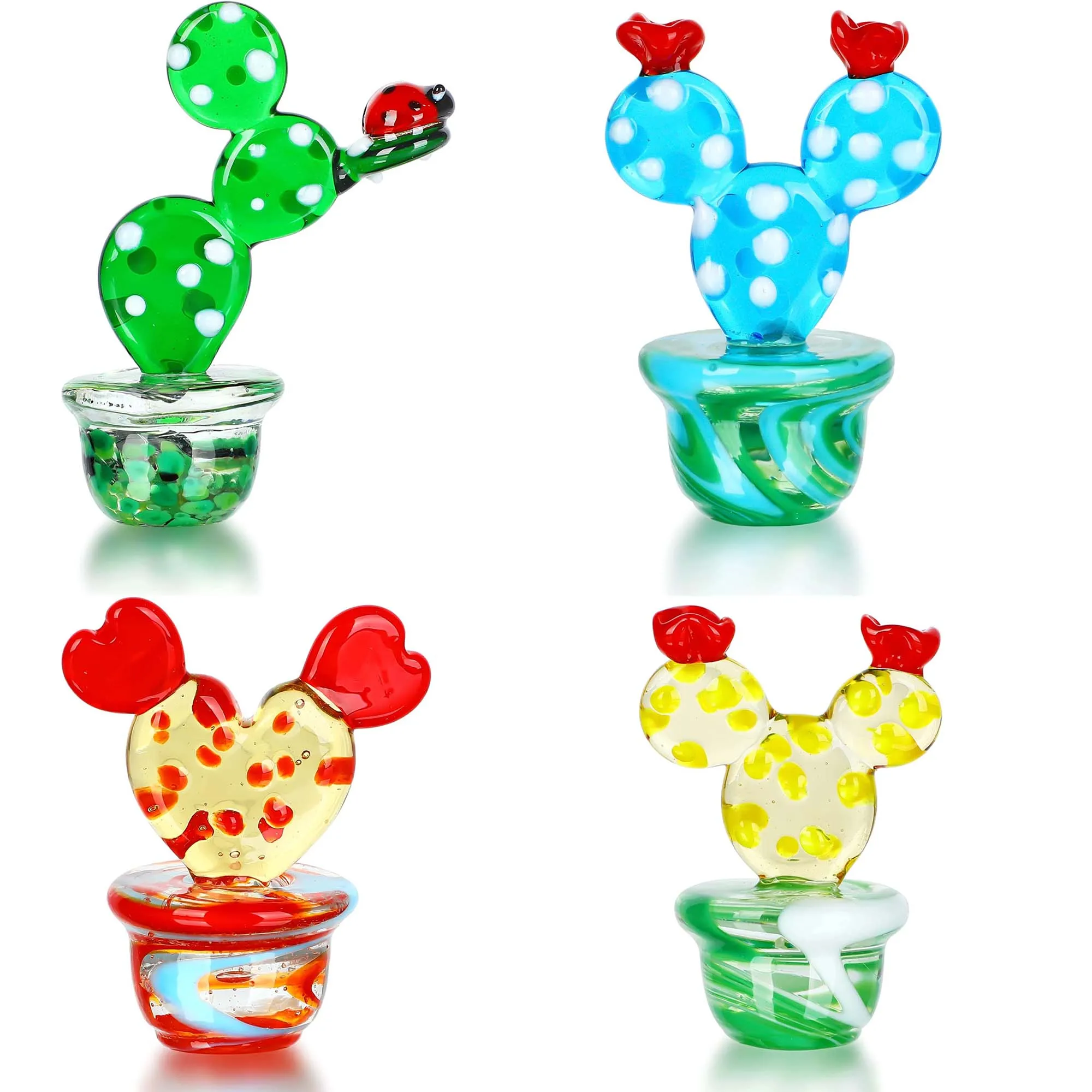 

H&D Mini Green Cactus Figurine Collectibles Hand Blown Bonsai Statue Ornament Glass Art Simulation Plants Sculpture for Home