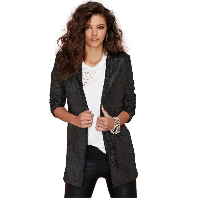 Sequin Cardigan Blazers Women Gold Silver Black Shiny Jacket Coat Night Club Punk V-neck Outwear Female Stage Party Costume