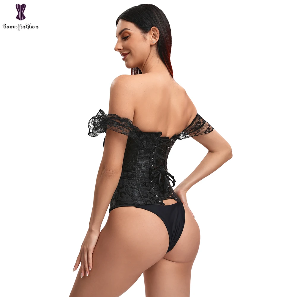 Women Lace Short Sleeve Corset White Black Red Waist Bustier Tops Overbust Korset