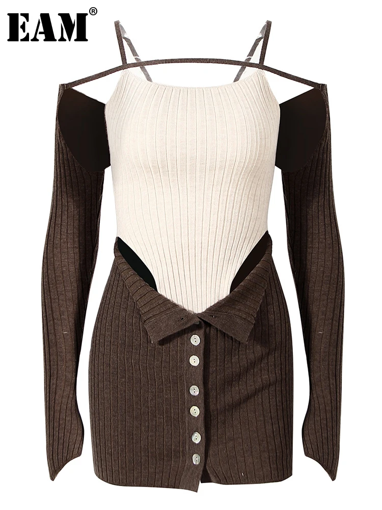 

[EAM] Women Brown Hollow Out Knitting Bandage Dress New Slash Neck Long Sleeve Loose Fit Fashion Tide Spring Autumn 2022 1DE6216