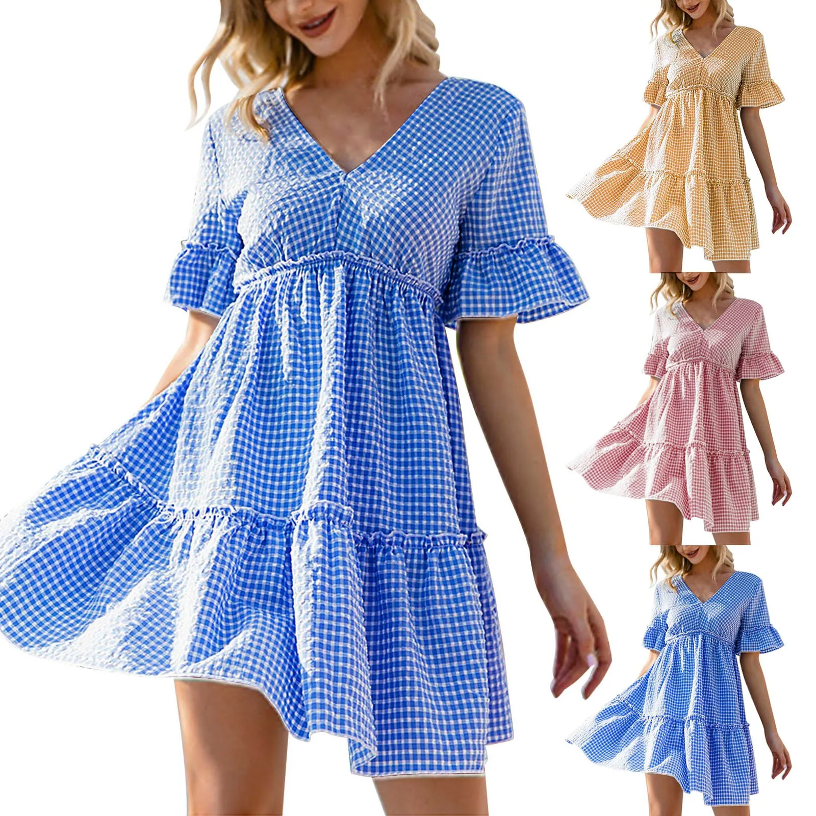 

Womens Casual Summer Plaid Crewneck Sleeve Wrap Tie Waist Party Short Mini Dress Summer Dress Beach