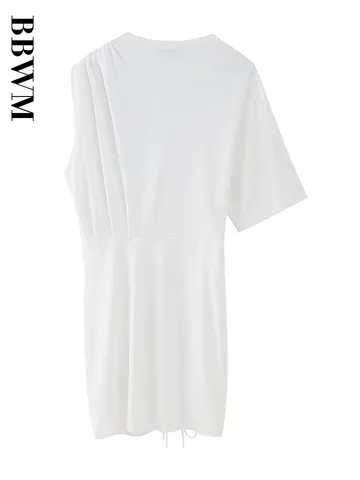 Women Fashion Asymmetrical White Dress Sexy One Shoulder Short Sleeve Mini Dresses Chic Female Hem Pleat Design Vestidos Mujer