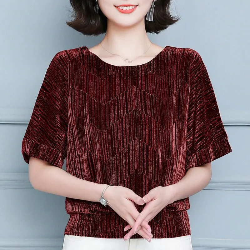 

Vintage Loose Bright Silk Short Sleeve T-shirt Pullovers Women's Clothing Summer Casual Fashion Female Round Neck All-match Tops