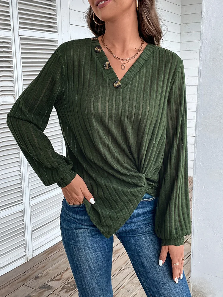 

Benuynffy Casual V Neck Button Ribbed Knit T Shirts Women 2023 Fall Fashion Long Sleeve Knot Front Asymmetrical Hem Tops Tees