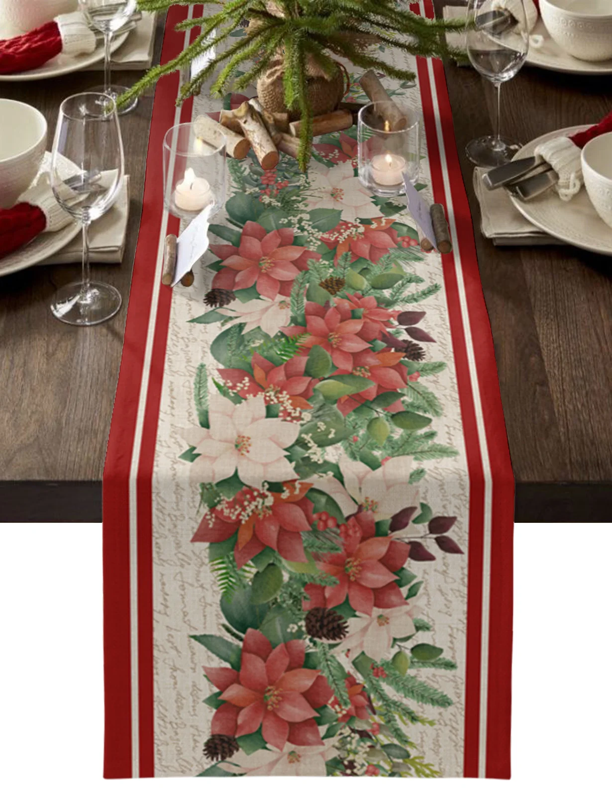 

Christmas Poinsettia Eucalyptus Leaves Retro Wedding Table Runners Table Mats Party Table Decor Festival Holidays Tablecloths